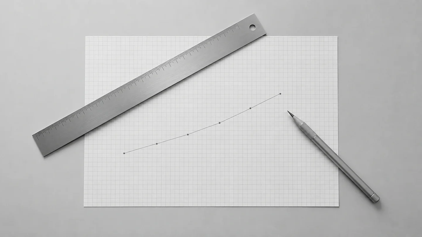 A ruler and a pencil on grid paper with a gently rising line
