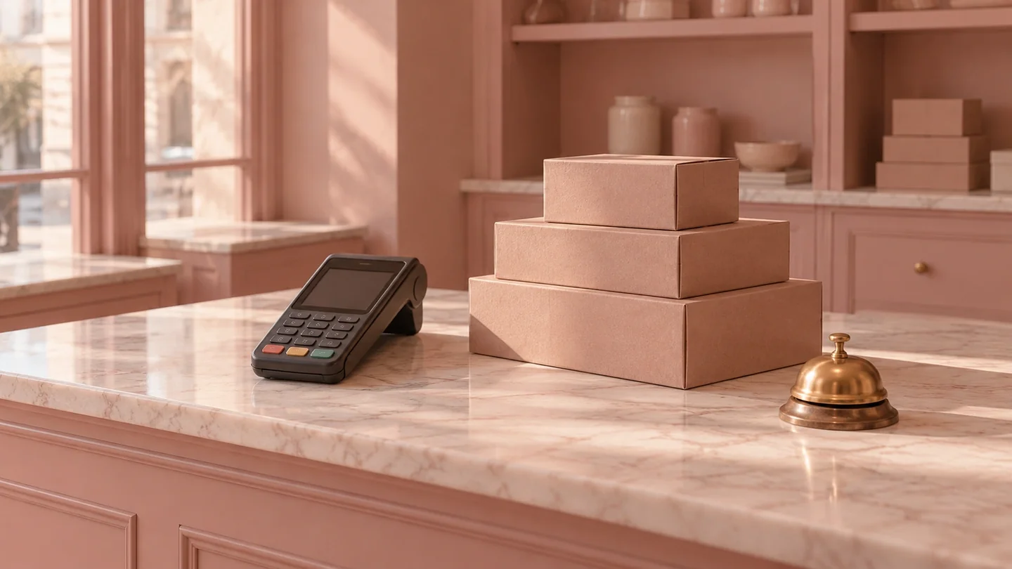 A shop counter with a card terminal, delivery boxes and a service bell