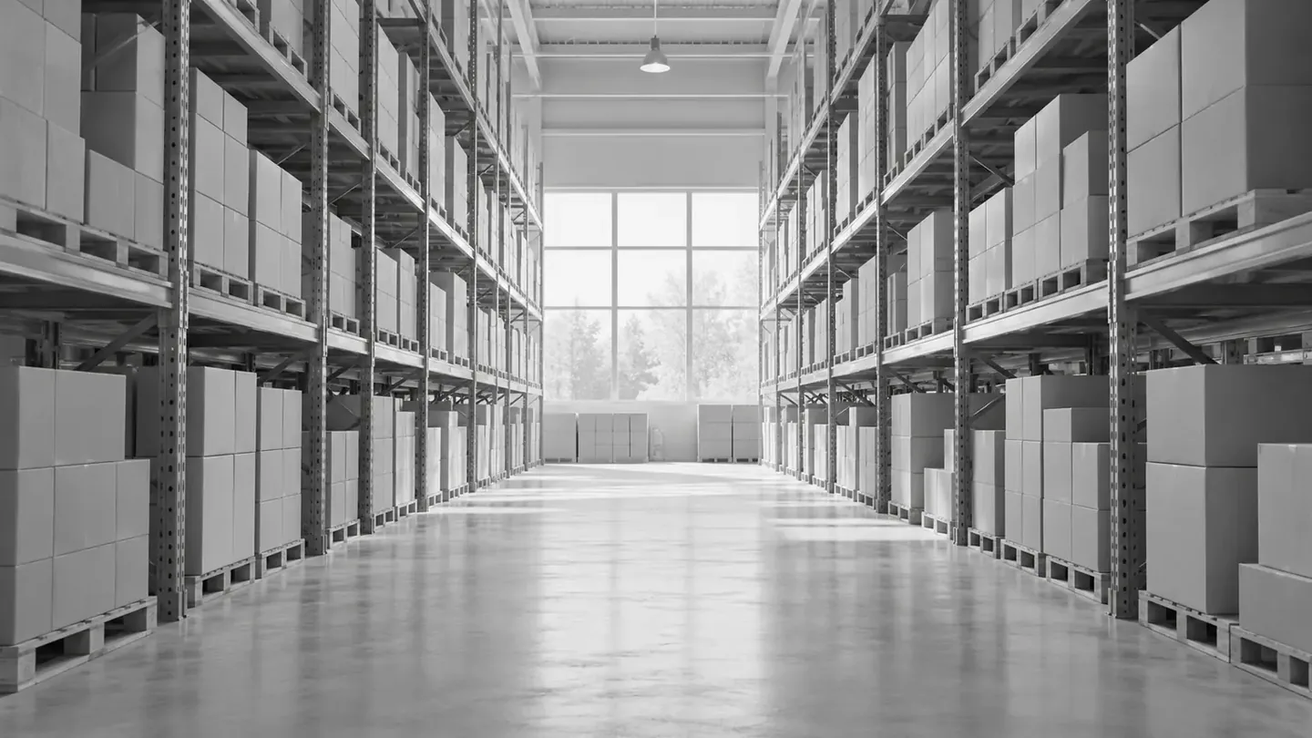 A warehouse aisle with identical boxes on the shelves