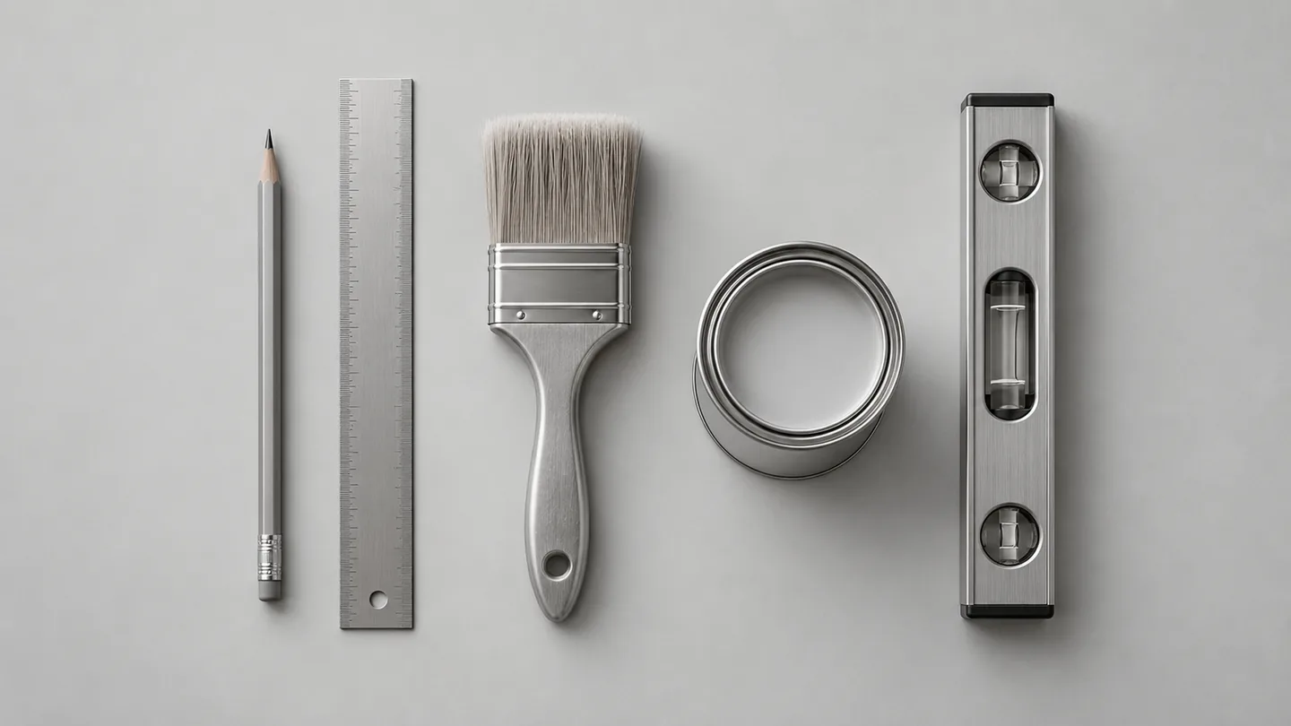 A pencil, a ruler, a brush, a paint tin and a spirit level laid out in order