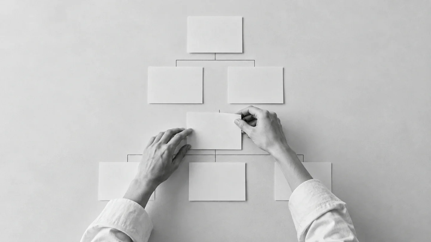 Hands arranging cards into a site structure