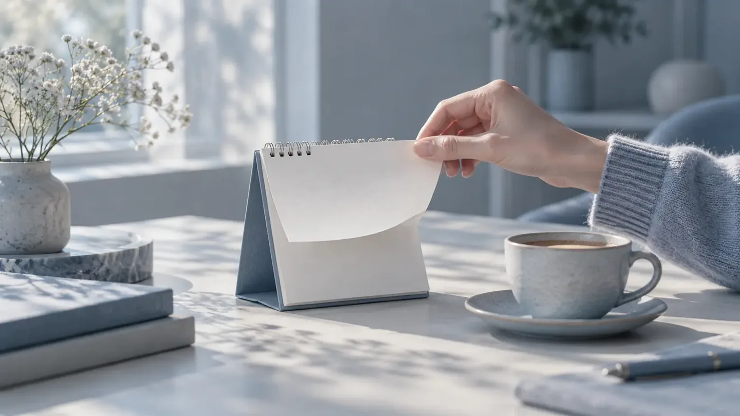 A hand turning a page of a desk calendar next to a cup of coffee